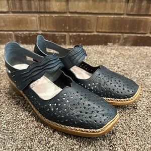 Rieker Navy Blue Perforated Leather Mary Jane Shoes Euro 40